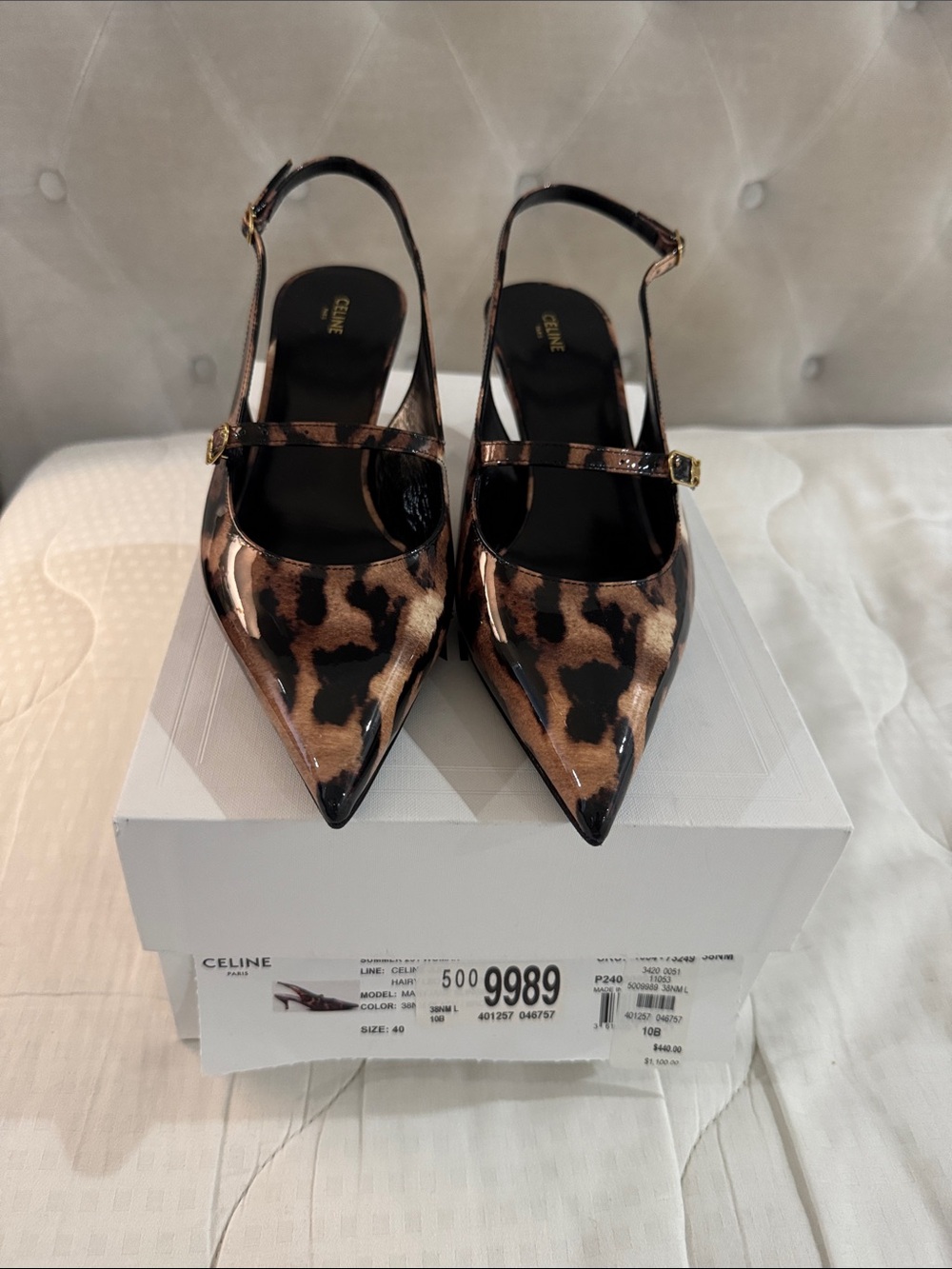 Celine Leopard-Print Patent Pointed Slingback Pumps - Brown/Black
